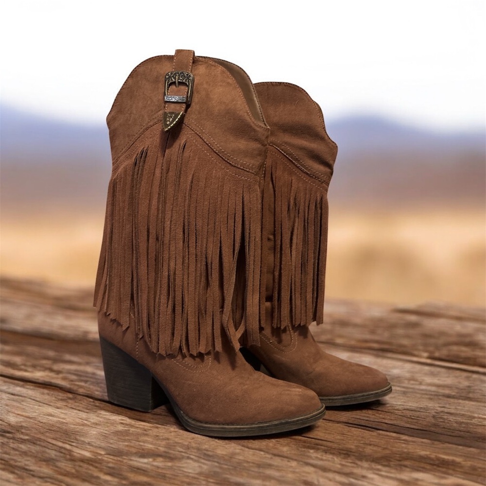 Madden Girl Brown Heeled Fringe Boots